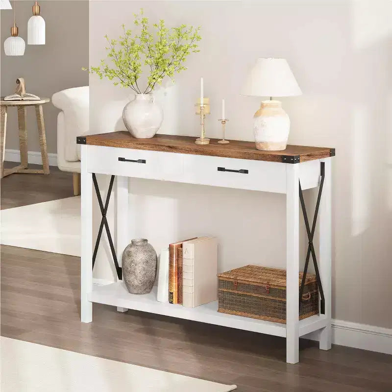 Coolmee Table console de 31 pouces avec tiroirs et étagère ouverte, petite table de canapé à 2 niveaux pour entrée, salon, couloir