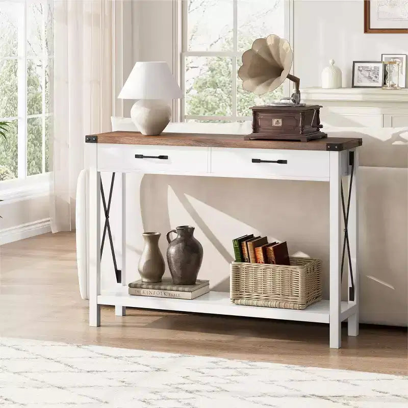 Coolmee Table console de 31 pouces avec tiroirs et étagère ouverte, petite table de canapé à 2 niveaux pour entrée, salon, couloir