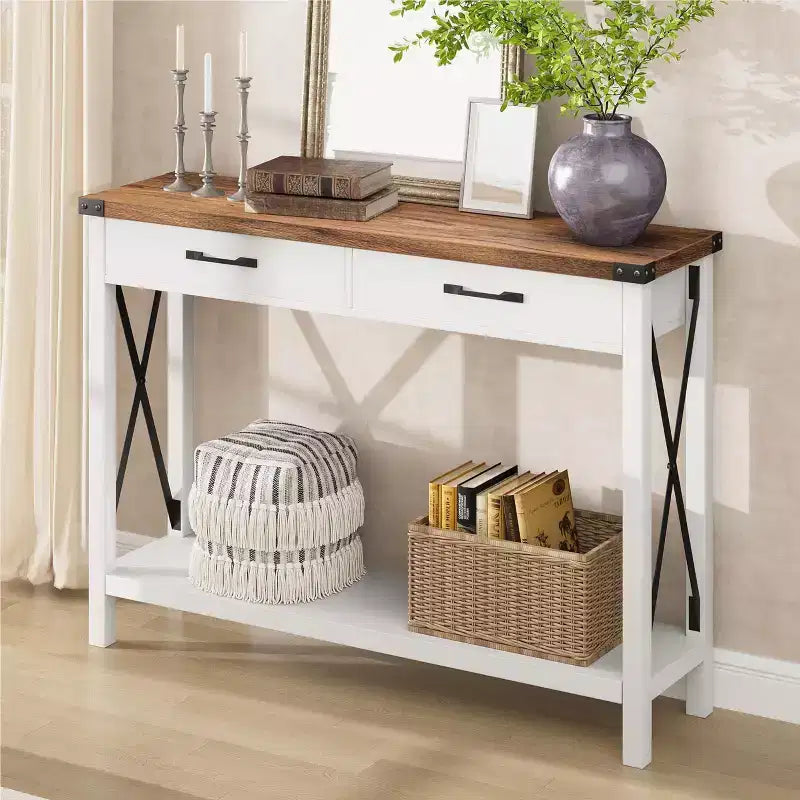 Coolmee Table console de 31 pouces avec tiroirs et étagère ouverte, petite table de canapé à 2 niveaux pour entrée, salon, couloir