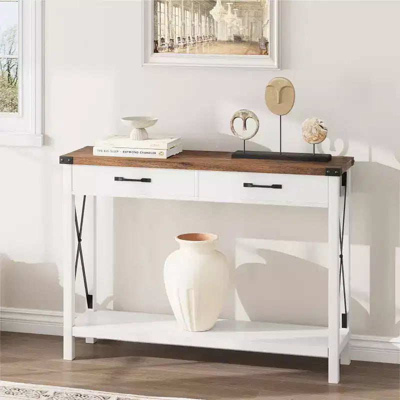 Coolmee Table console de 31 pouces avec tiroirs et étagère ouverte, petite table de canapé à 2 niveaux pour entrée, salon, couloir