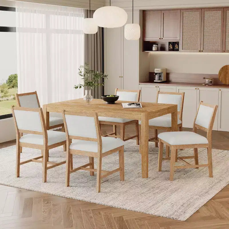 Ensemble de salle à manger rétro 7 pièces avec table rectangulaire et 6 chaises rembourrées