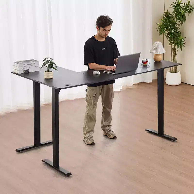 Bureau en L VEVOR, bureau de jeu d'angle réglable en hauteur électriquement avec deux crochets, table d'ordinateur en acier au carbone robuste en forme de L, noir