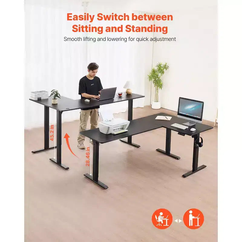 Bureau en L VEVOR, bureau de jeu d'angle réglable en hauteur électriquement avec deux crochets, table d'ordinateur en acier au carbone robuste en forme de L, noir