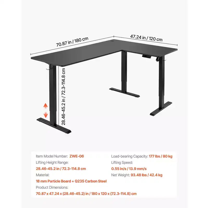 Bureau en L VEVOR, bureau de jeu d'angle réglable en hauteur électriquement avec deux crochets, table d'ordinateur en acier au carbone robuste en forme de L, noir
