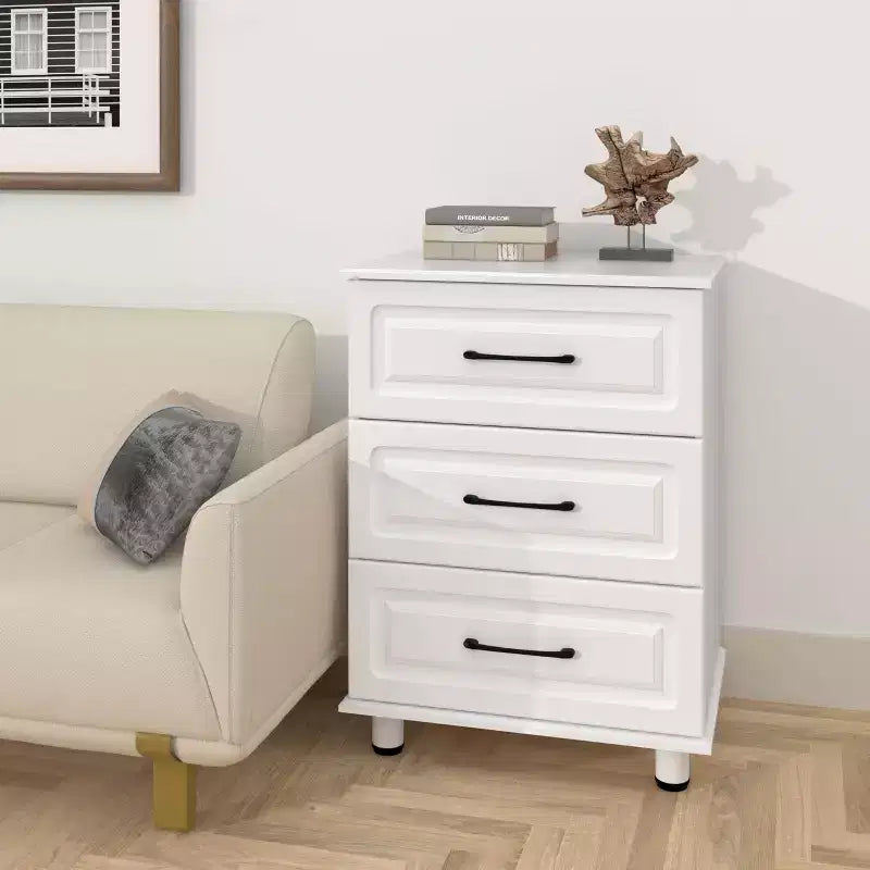 Sandinrayli Commode 3 Tiroirs, Table de Chevet Moderne Petites Commodes à Tiroirs Commodes de Placard en Bois avec Poignées en Acier, Blanc