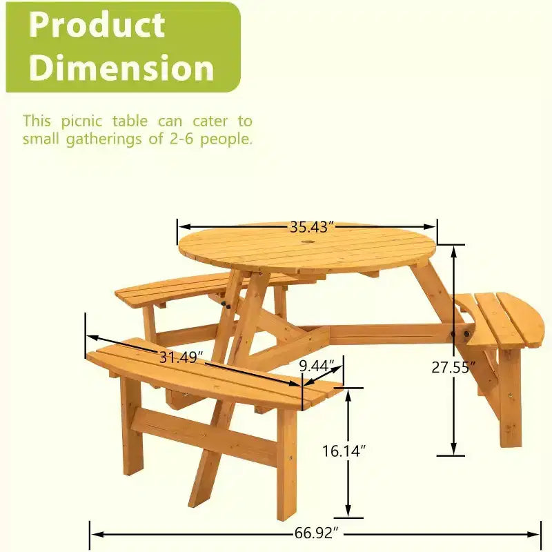 Table de pique-nique ronde en bois, table de pique-nique extérieure 6 personnes avec bancs, trou pour parasol, capacité de 780 kg, extérieure