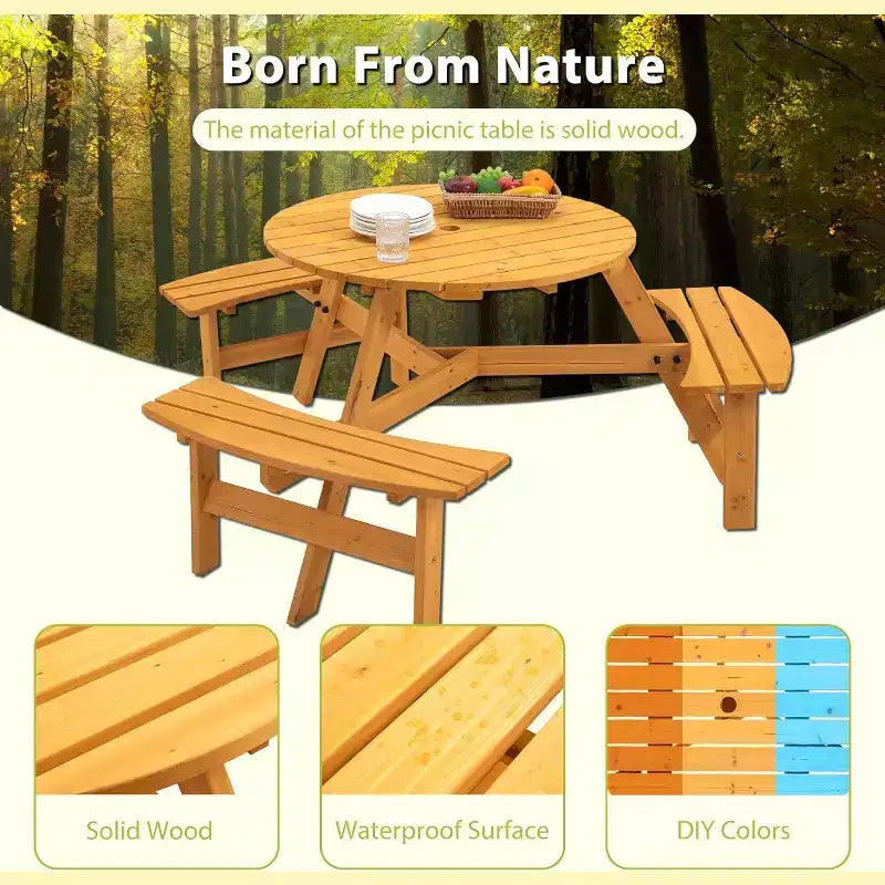 Table de pique-nique ronde en bois, table de pique-nique extérieure 6 personnes avec bancs, trou pour parasol, capacité de 780 kg, extérieure