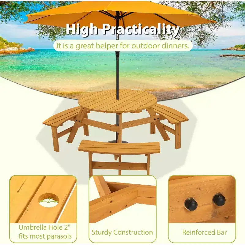 Table de pique-nique ronde en bois, table de pique-nique extérieure 6 personnes avec bancs, trou pour parasol, capacité de 780 kg, extérieure