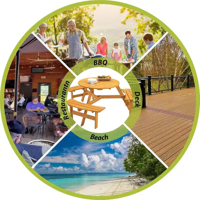 Table de pique-nique ronde en bois, table de pique-nique extérieure 6 personnes avec bancs, trou pour parasol, capacité de 780 kg, extérieure