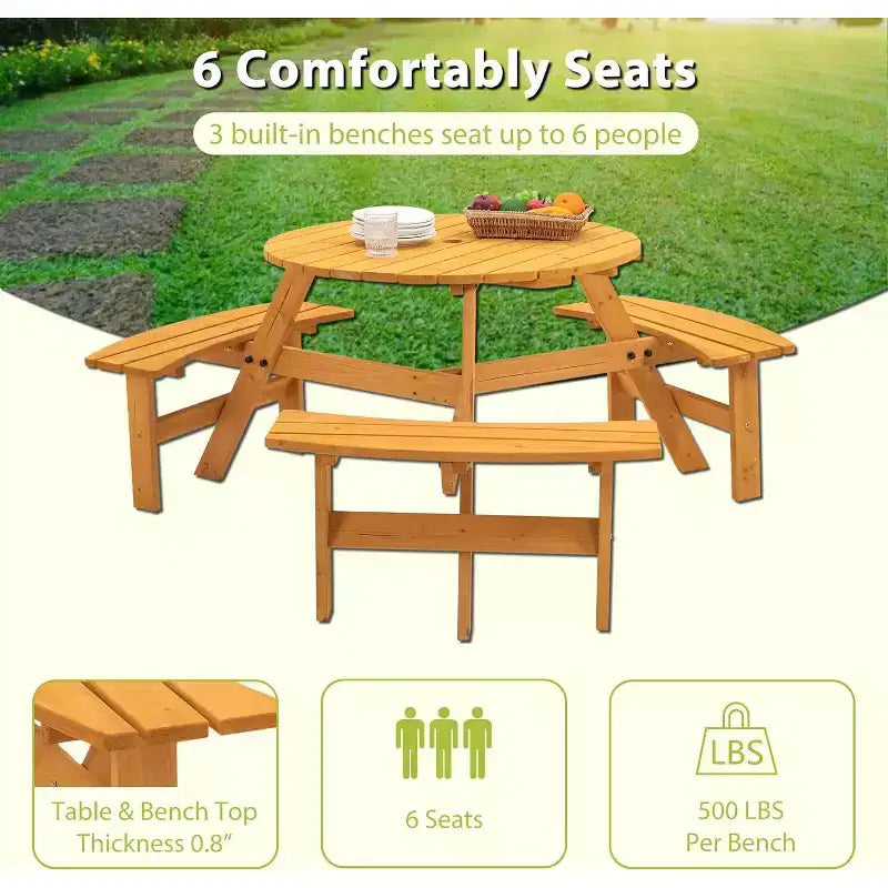 Table de pique-nique ronde en bois, table de pique-nique extérieure 6 personnes avec bancs, trou pour parasol, capacité de 780 kg, extérieure