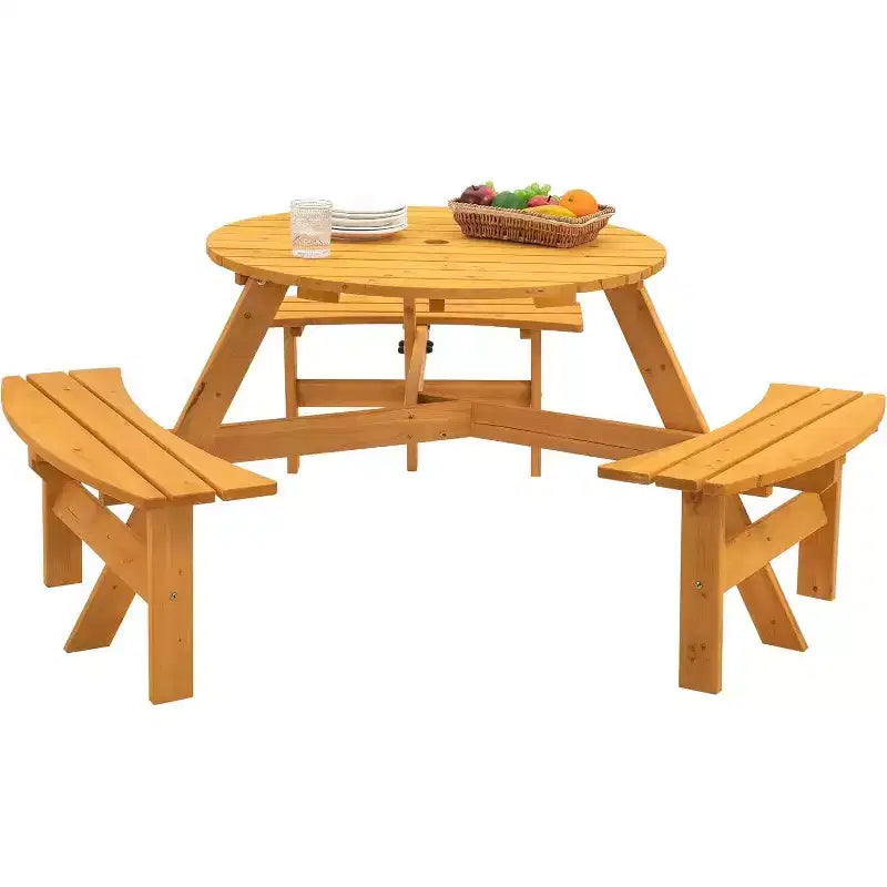 Table de pique-nique ronde en bois, table de pique-nique extérieure 6 personnes avec bancs, trou pour parasol, capacité de 780 kg, extérieure