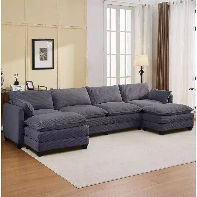 Canapé sectionnel en velours côtelé en forme de U Hyleory, canapé 4 places avec 2 poufs mobiles, mobilier de salon modulable