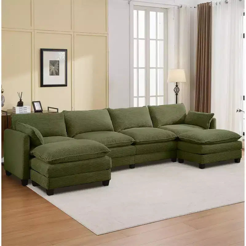 Canapé sectionnel en velours côtelé en forme de U Hyleory, canapé 4 places avec 2 poufs mobiles, mobilier de salon modulable
