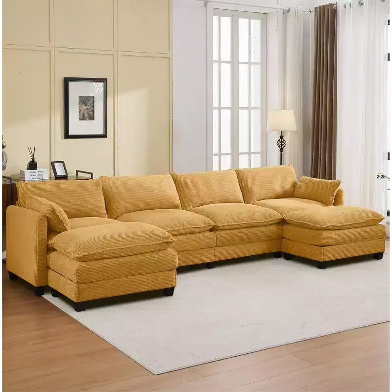 Canapé sectionnel en velours côtelé en forme de U Hyleory, canapé 4 places avec 2 poufs mobiles, mobilier de salon modulable