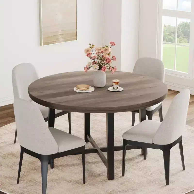 Coolmee Table à Manger Ronde de 47 Pouces, Table de Dîner Industrielle pour 4 à 6 Personnes, Table de Cuisine en Bois avec Cadre Métallique Robuste (Chaises non incluses)