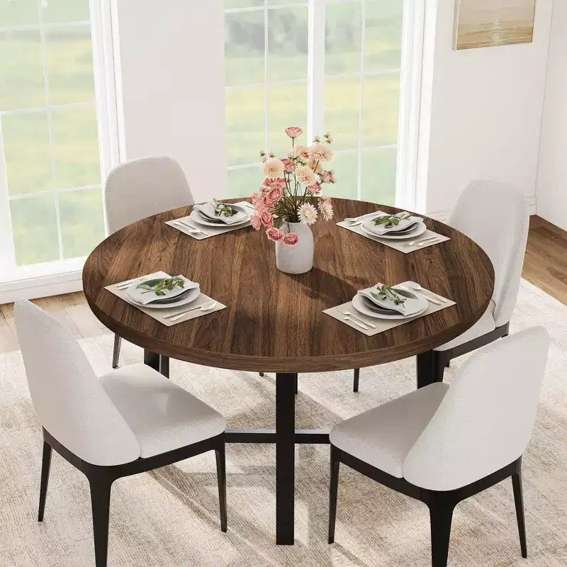 Coolmee Table à Manger Ronde de 47 Pouces, Table de Dîner Industrielle pour 4 à 6 Personnes, Table de Cuisine en Bois avec Cadre Métallique Robuste (Chaises non incluses)