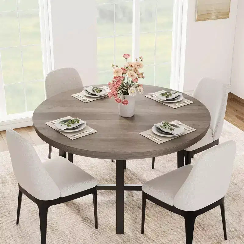 Coolmee Table à Manger Ronde de 47 Pouces, Table de Dîner Industrielle pour 4 à 6 Personnes, Table de Cuisine en Bois avec Cadre Métallique Robuste (Chaises non incluses)