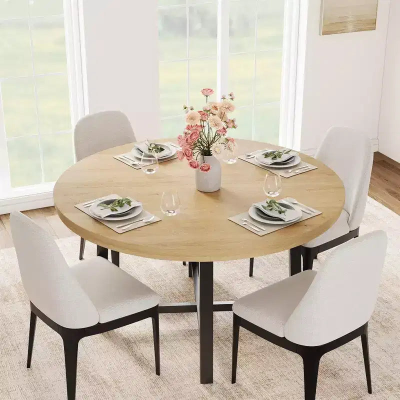 Coolmee Table à Manger Ronde de 47 Pouces, Table de Dîner Industrielle pour 4 à 6 Personnes, Table de Cuisine en Bois avec Cadre Métallique Robuste (Chaises non incluses)