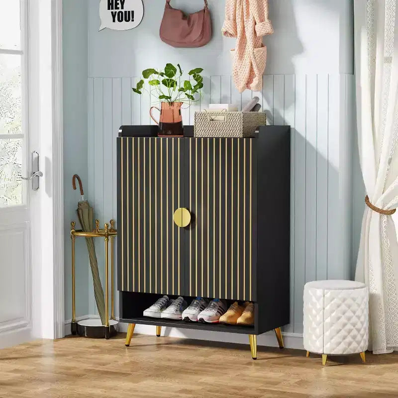 Meuble à chaussures Lantine avec portes, armoire à chaussures à 7 niveaux avec étagères réglables, pour entrée, couloir, placard, salon, noir