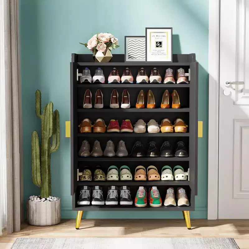 Meuble à chaussures Lantine avec portes, armoire à chaussures à 7 niveaux avec étagères réglables, pour entrée, couloir, placard, salon, noir