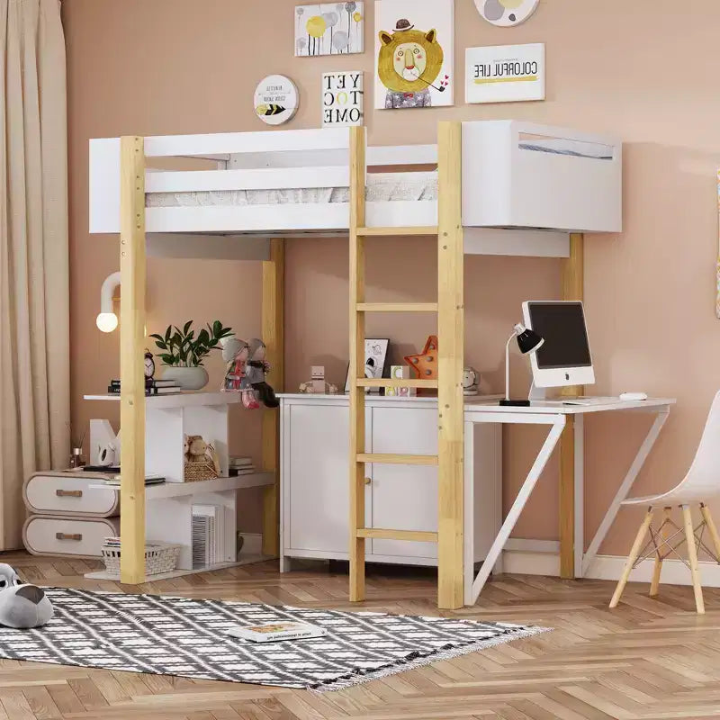 Lit mezzanine avec bureau pliable, cadre de lit mezzanine en bois avec armoire de rangement intégrée et compartiments