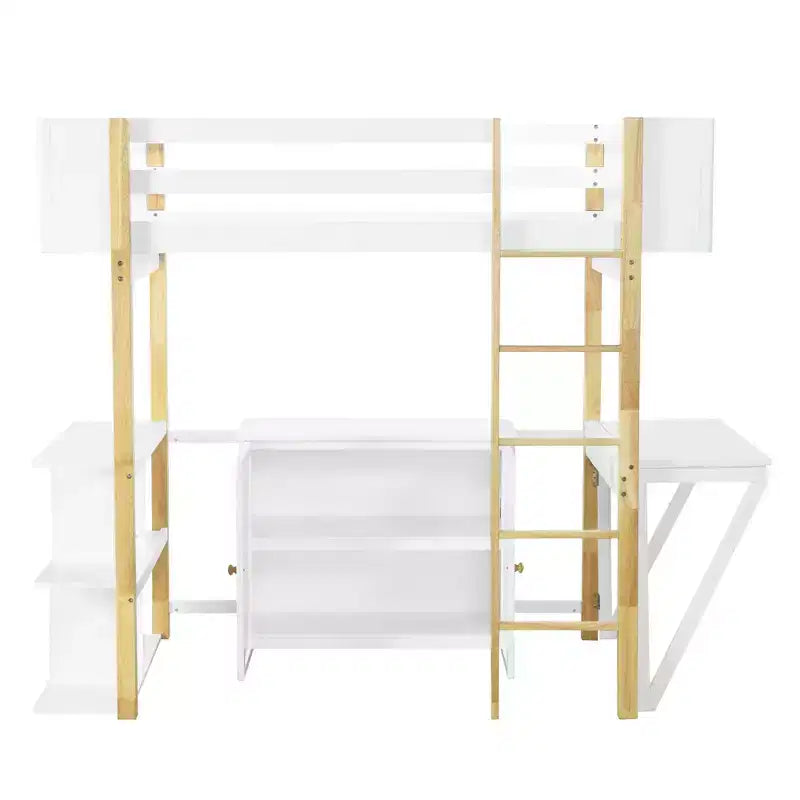 Lit mezzanine avec bureau pliable, cadre de lit mezzanine en bois avec armoire de rangement intégrée et compartiments