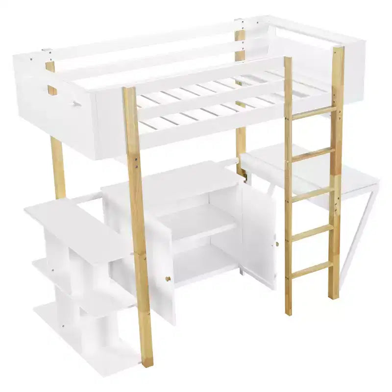 Lit mezzanine avec bureau pliable, cadre de lit mezzanine en bois avec armoire de rangement intégrée et compartiments