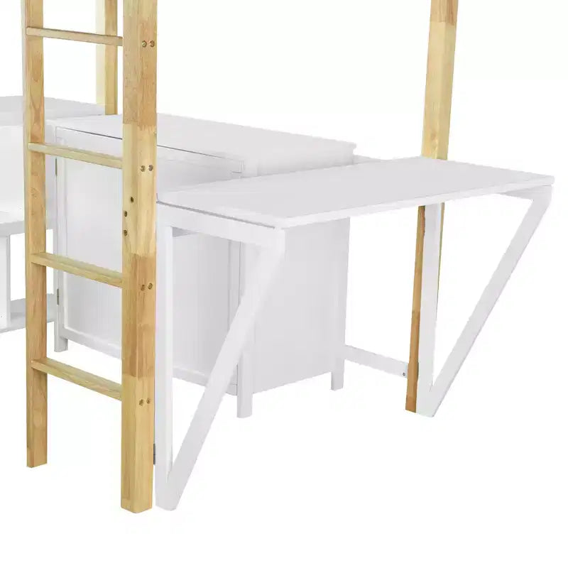 Lit mezzanine avec bureau pliable, cadre de lit mezzanine en bois avec armoire de rangement intégrée et compartiments