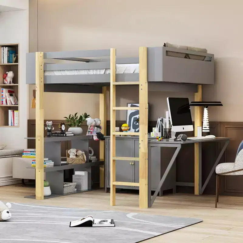 Lit mezzanine avec bureau pliable, cadre de lit mezzanine en bois avec armoire de rangement intégrée et compartiments