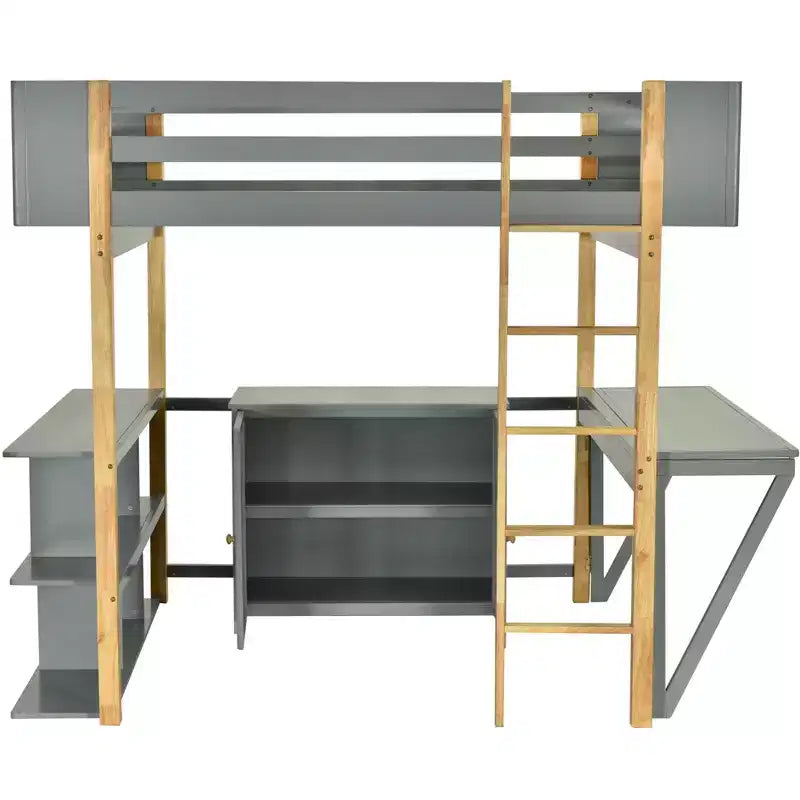 Lit mezzanine avec bureau pliable, cadre de lit mezzanine en bois avec armoire de rangement intégrée et compartiments