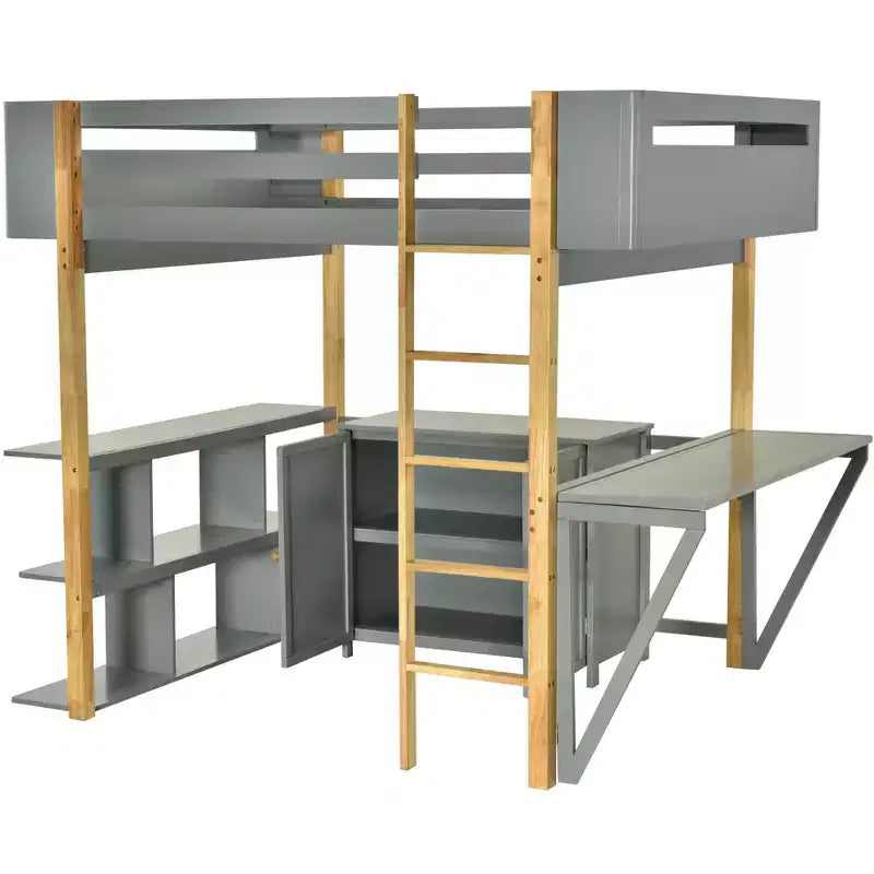 Lit mezzanine avec bureau pliable, cadre de lit mezzanine en bois avec armoire de rangement intégrée et compartiments