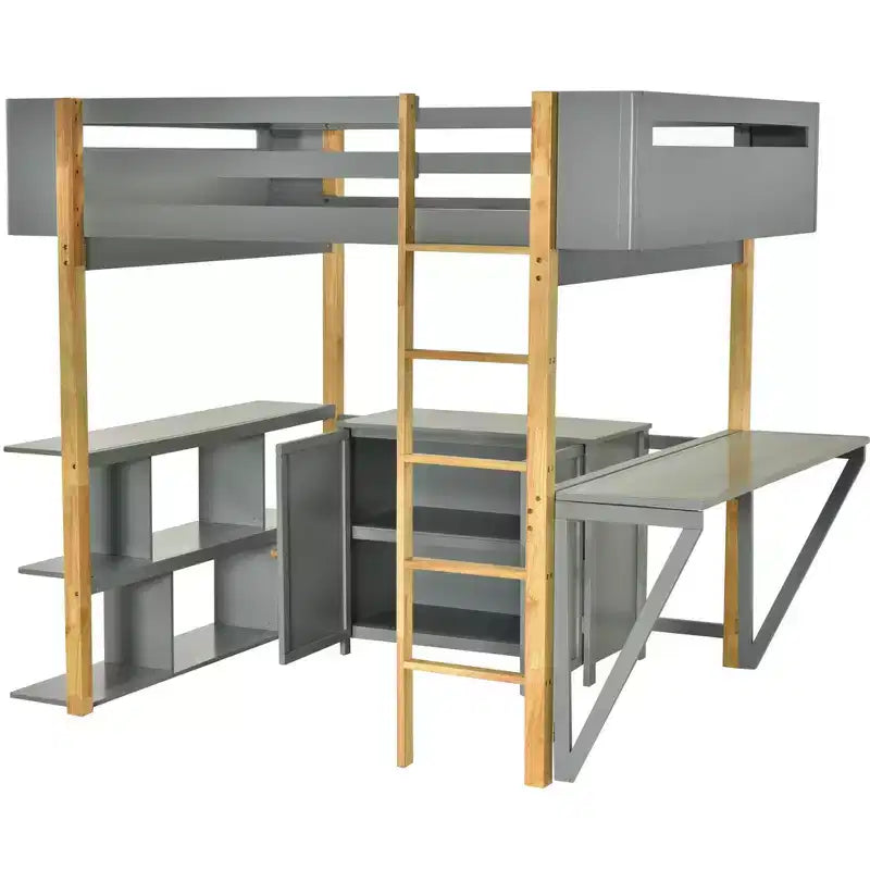 Lit mezzanine avec bureau pliable, cadre de lit mezzanine en bois avec armoire de rangement intégrée et compartiments