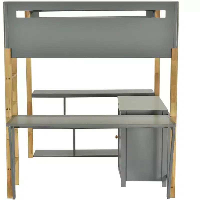 Lit mezzanine avec bureau pliable, cadre de lit mezzanine en bois avec armoire de rangement intégrée et compartiments