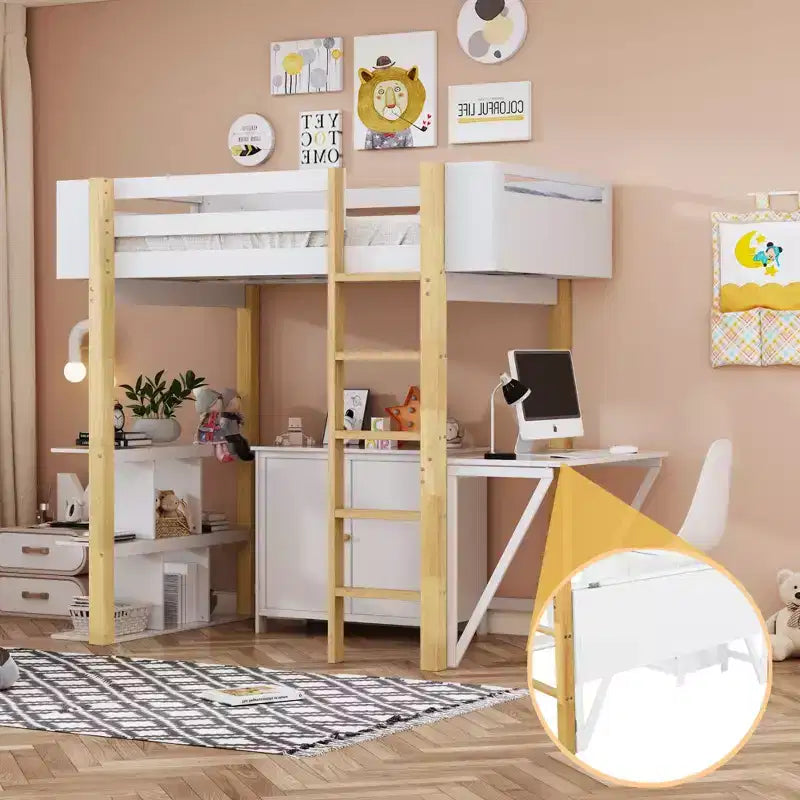 Lit mezzanine avec bureau pliable, cadre de lit mezzanine en bois avec armoire de rangement intégrée et compartiments