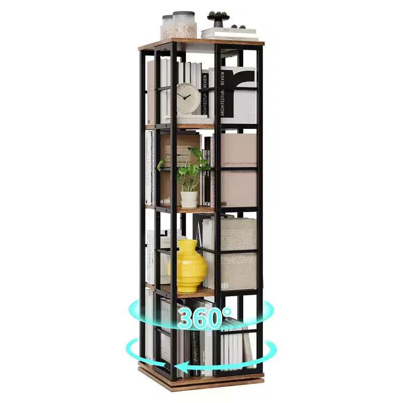 Bibliothèque rotative à 4 niveaux, étagère d'angle de 137 cm de haut, organisateur pivotant à 360° avec cadre métallique, étagères peu encombrantes pour salon, chambre à coucher