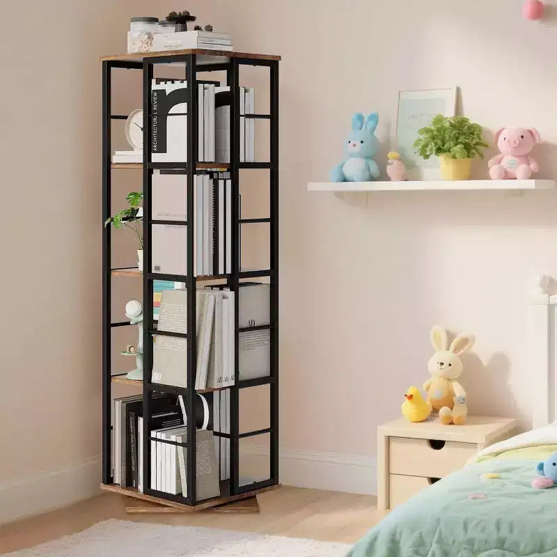 Bibliothèque rotative à 4 niveaux, étagère d'angle de 137 cm de haut, organisateur pivotant à 360° avec cadre métallique, étagères peu encombrantes pour salon, chambre à coucher