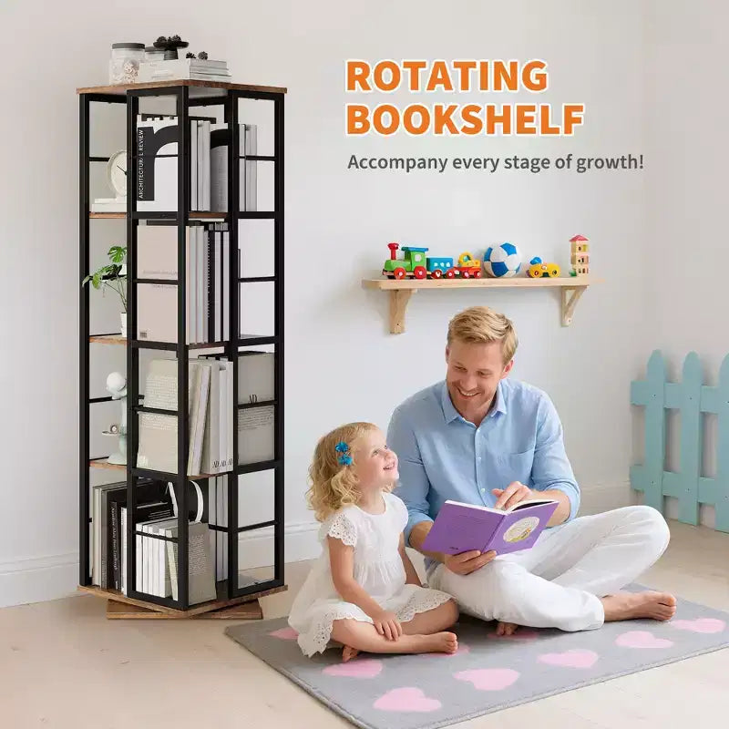 Bibliothèque rotative à 4 niveaux, étagère d'angle de 137 cm de haut, organisateur pivotant à 360° avec cadre métallique, étagères peu encombrantes pour salon, chambre à coucher