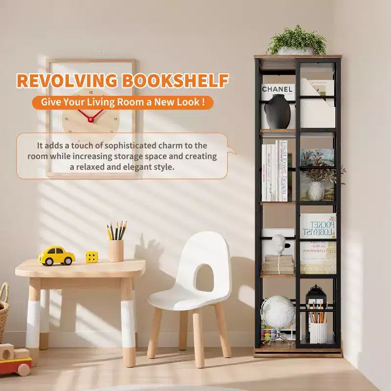 Bibliothèque rotative à 4 niveaux, étagère d'angle de 137 cm de haut, organisateur pivotant à 360° avec cadre métallique, étagères peu encombrantes pour salon, chambre à coucher