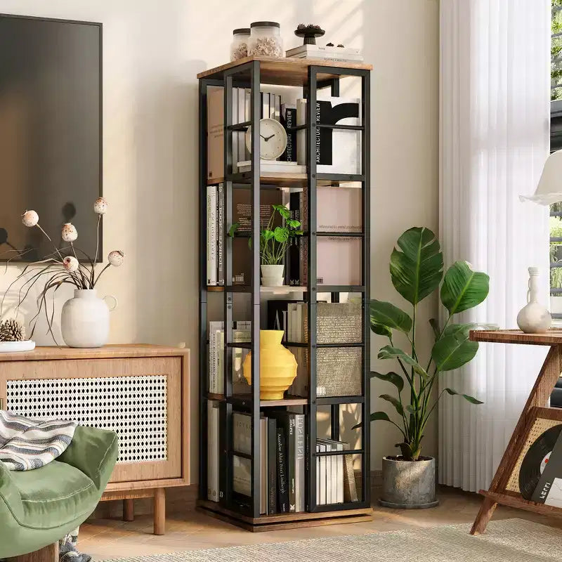 Bibliothèque rotative à 4 niveaux, étagère d'angle de 137 cm de haut, organisateur pivotant à 360° avec cadre métallique, étagères peu encombrantes pour salon, chambre à coucher