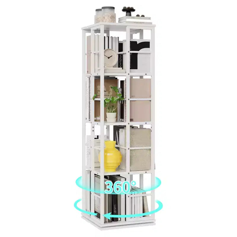 Bibliothèque rotative à 4 niveaux, étagère d'angle de 137 cm de haut, organisateur pivotant à 360° avec cadre métallique, étagères peu encombrantes pour salon, chambre à coucher