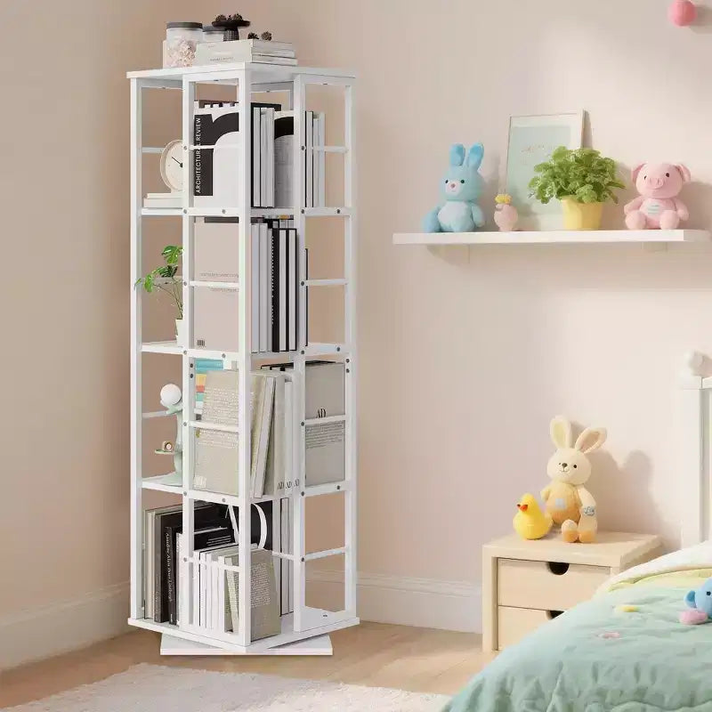Bibliothèque rotative à 4 niveaux, étagère d'angle de 137 cm de haut, organisateur pivotant à 360° avec cadre métallique, étagères peu encombrantes pour salon, chambre à coucher