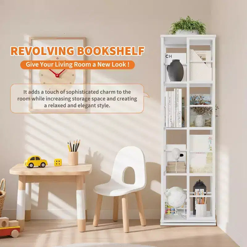 Bibliothèque rotative à 4 niveaux, étagère d'angle de 137 cm de haut, organisateur pivotant à 360° avec cadre métallique, étagères peu encombrantes pour salon, chambre à coucher