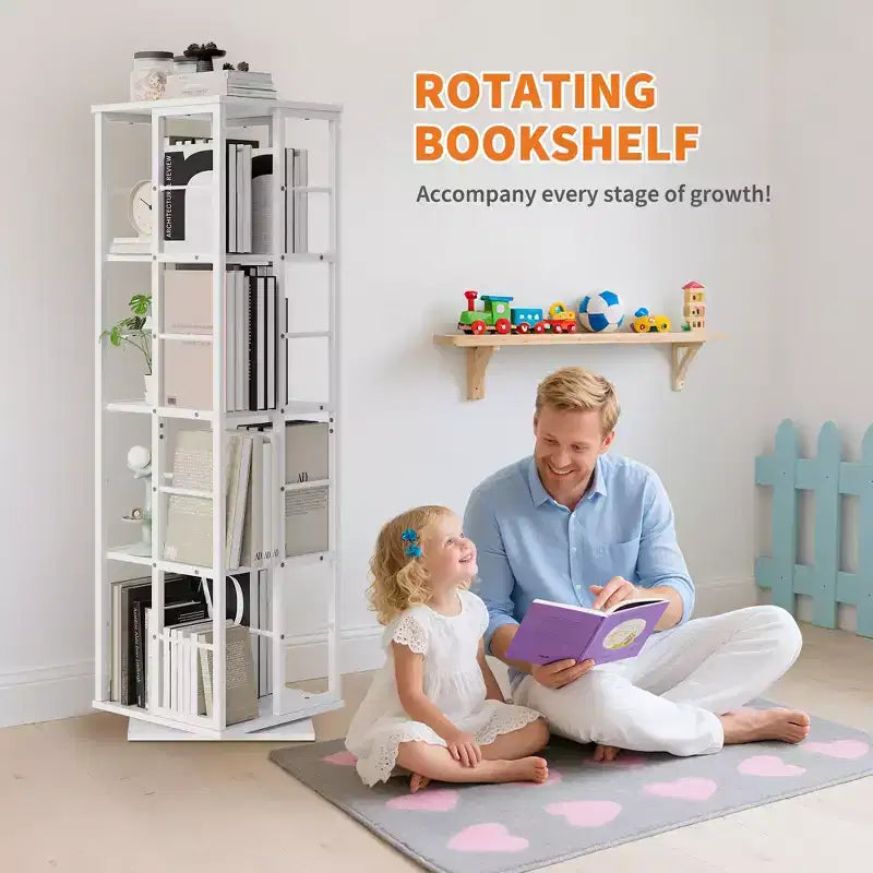 Bibliothèque rotative à 4 niveaux, étagère d'angle de 137 cm de haut, organisateur pivotant à 360° avec cadre métallique, étagères peu encombrantes pour salon, chambre à coucher