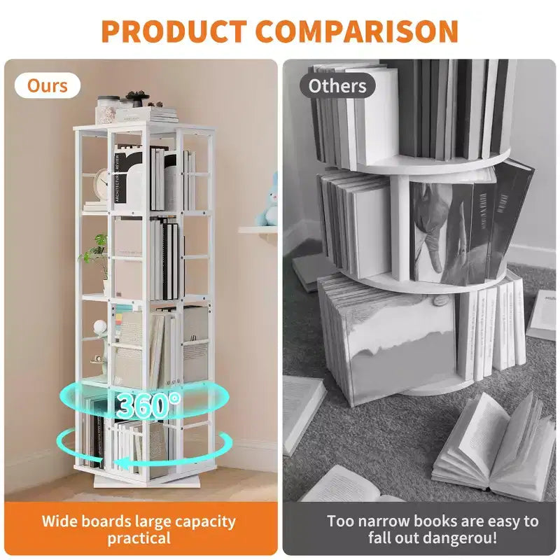 Bibliothèque rotative à 4 niveaux, étagère d'angle de 137 cm de haut, organisateur pivotant à 360° avec cadre métallique, étagères peu encombrantes pour salon, chambre à coucher