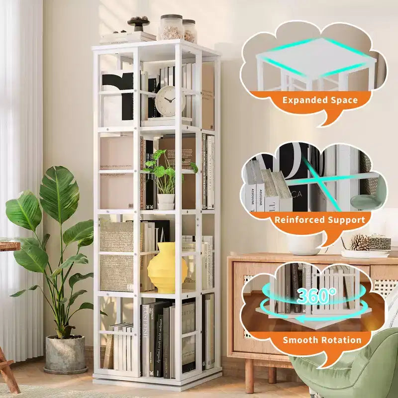 Bibliothèque rotative à 4 niveaux, étagère d'angle de 137 cm de haut, organisateur pivotant à 360° avec cadre métallique, étagères peu encombrantes pour salon, chambre à coucher