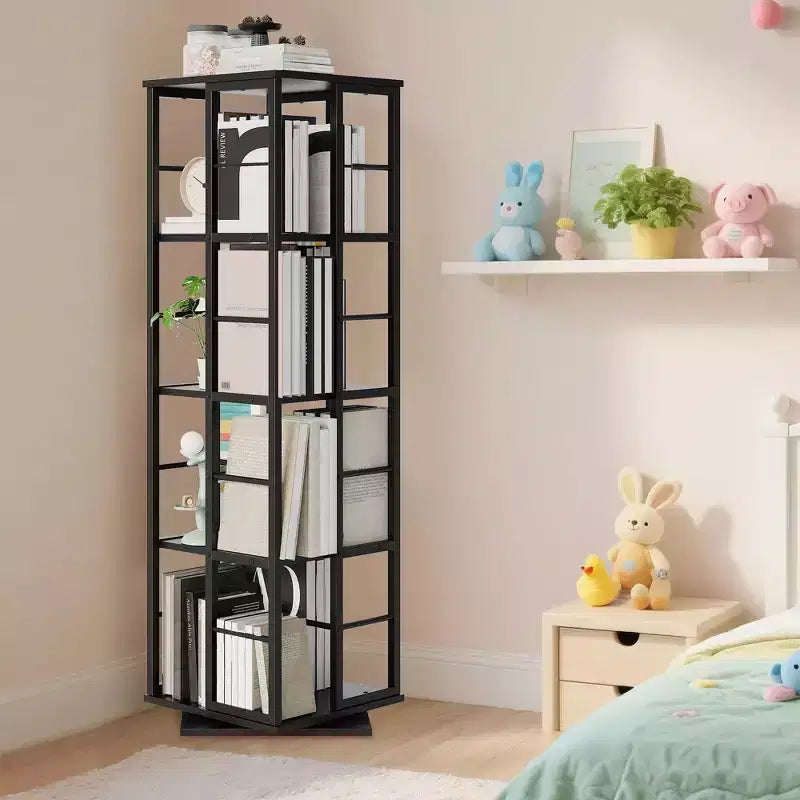 Bibliothèque rotative à 4 niveaux, étagère d'angle de 137 cm de haut, organisateur pivotant à 360° avec cadre métallique, étagères peu encombrantes pour salon, chambre à coucher