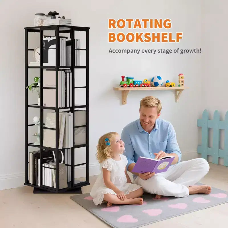 Bibliothèque rotative à 4 niveaux, étagère d'angle de 137 cm de haut, organisateur pivotant à 360° avec cadre métallique, étagères peu encombrantes pour salon, chambre à coucher