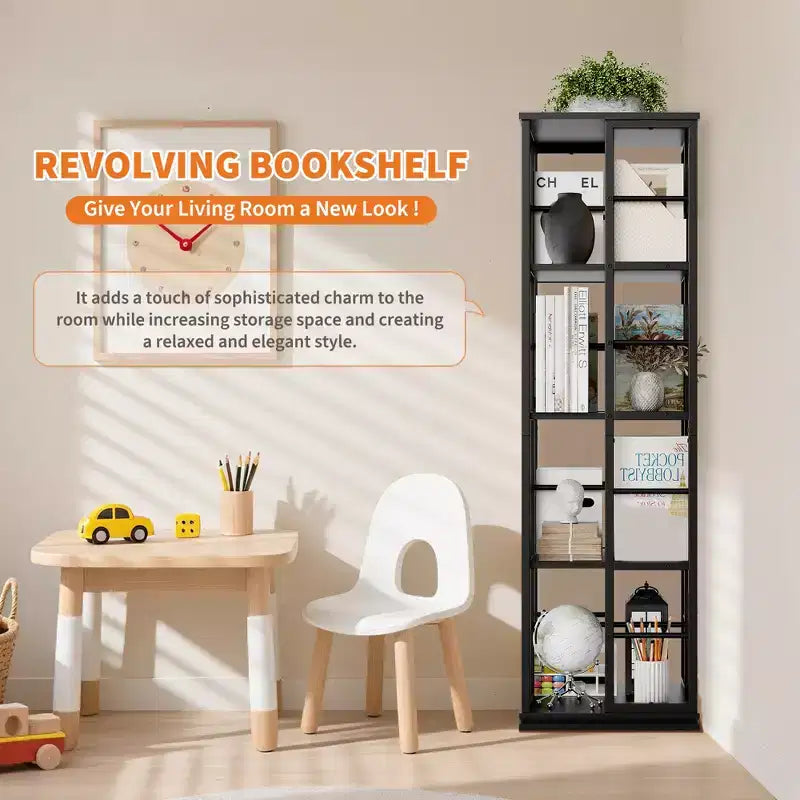 Bibliothèque rotative à 4 niveaux, étagère d'angle de 137 cm de haut, organisateur pivotant à 360° avec cadre métallique, étagères peu encombrantes pour salon, chambre à coucher