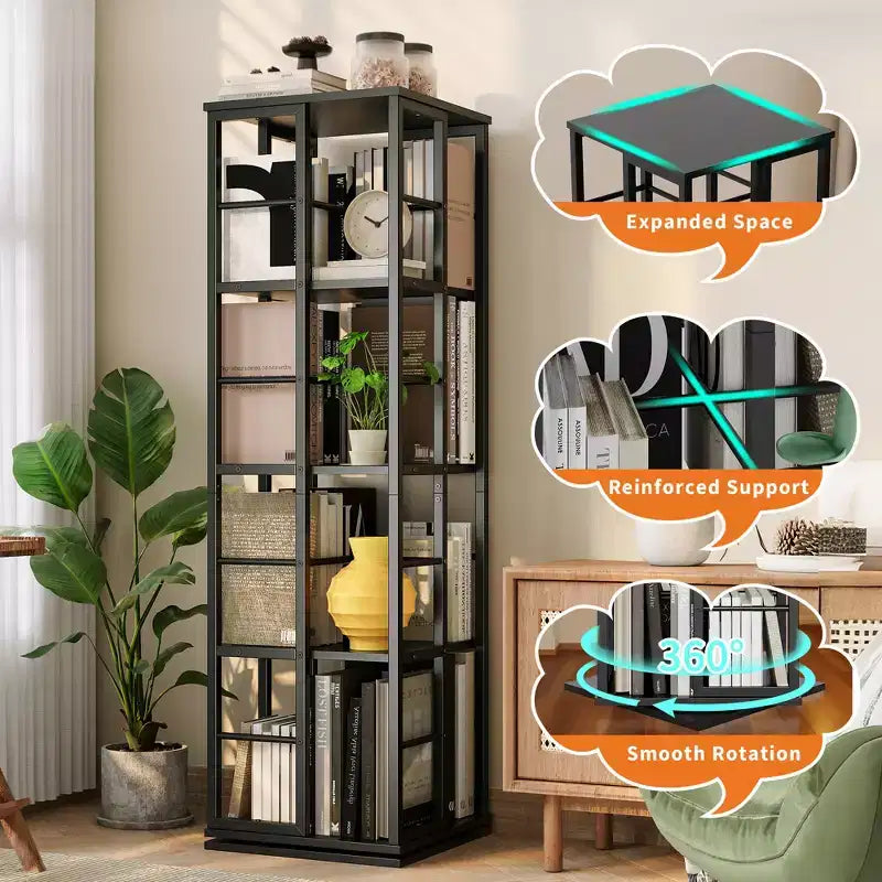 Bibliothèque rotative à 4 niveaux, étagère d'angle de 137 cm de haut, organisateur pivotant à 360° avec cadre métallique, étagères peu encombrantes pour salon, chambre à coucher