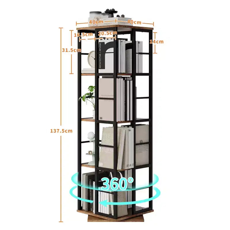 Bibliothèque rotative à 4 niveaux, étagère d'angle de 137 cm de haut, organisateur pivotant à 360° avec cadre métallique, étagères peu encombrantes pour salon, chambre à coucher